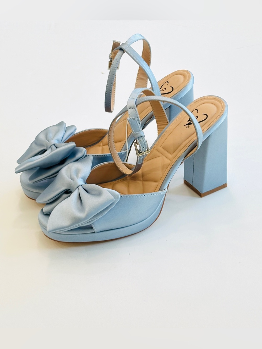 Light Blue Satin Platform Heels Bow Ankle Strap Block Heel Sandals Sz 8 - Picture 3 of 9